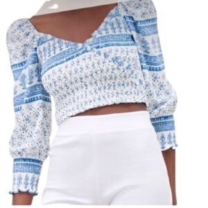 ZARA ruched printed cropped long sleeve Blouse Size S